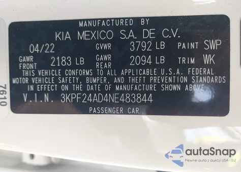 2022 Kia Forte Lxs z USA, uszkodzony, nr VIN 3KPF24AD4NE483844
